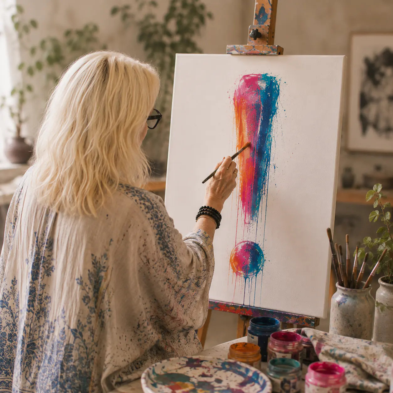 An adult student painting a bold abstract form in pink and blue at the easel