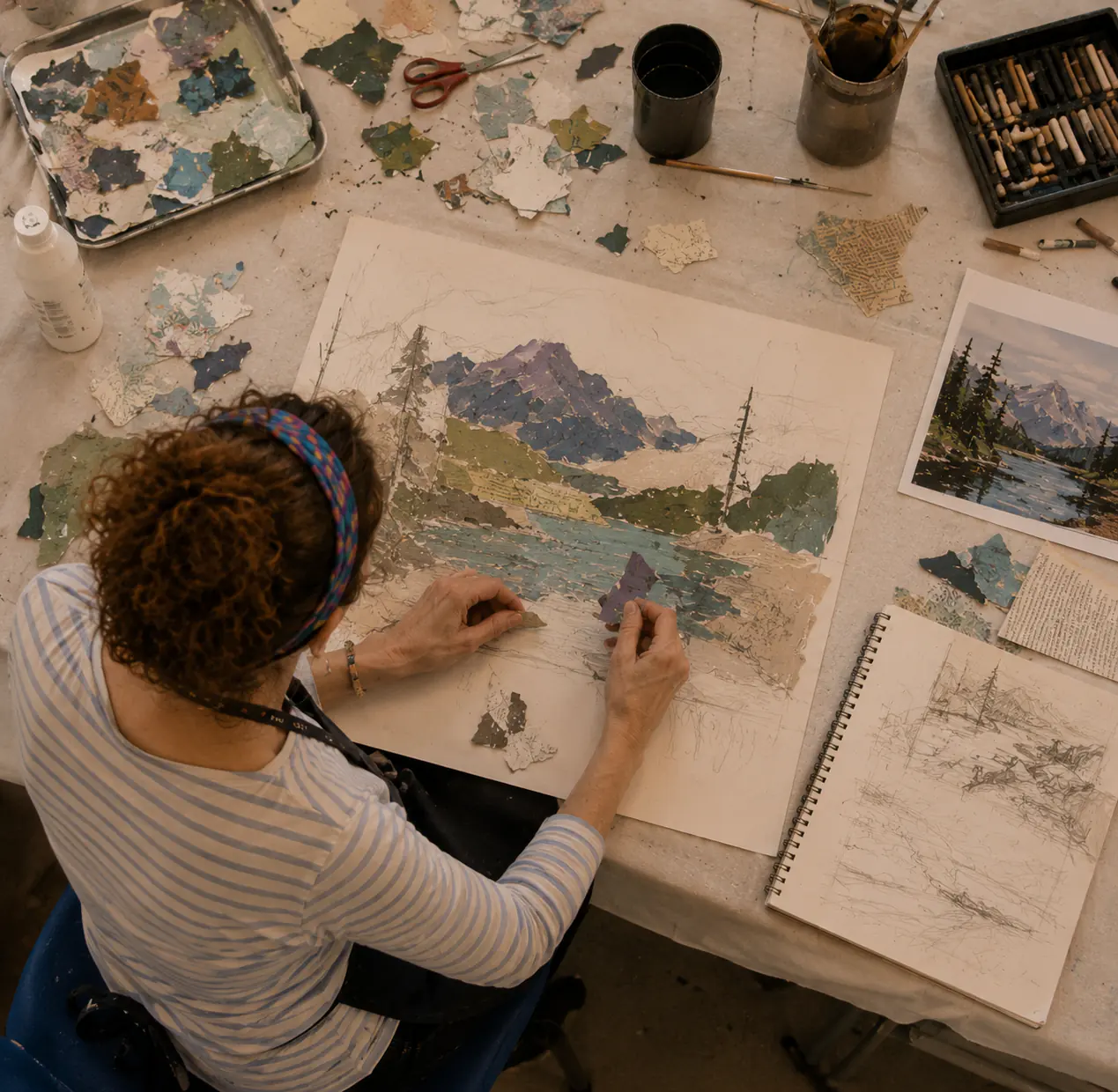 An adult student building a mountain landscape in torn paper collage, with sketchbook studies alongside