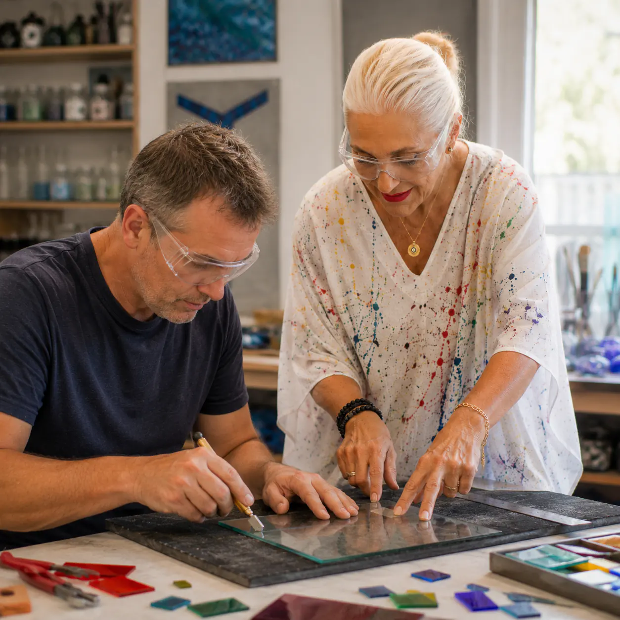 Helen Pestana teaching an adult student to cut glass for a fused glass panel