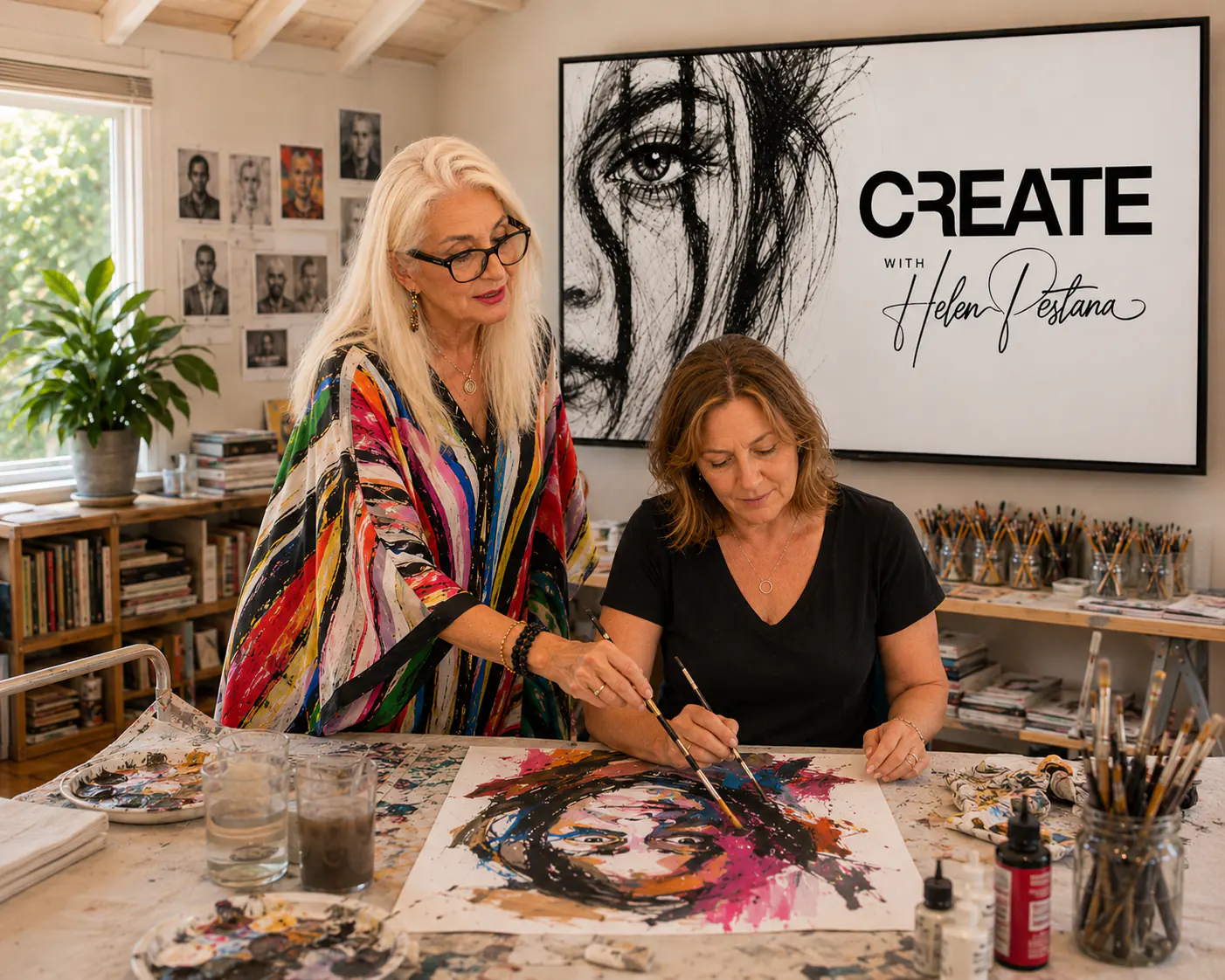 Helen Pestana and an adult student painting an expressive portrait together
