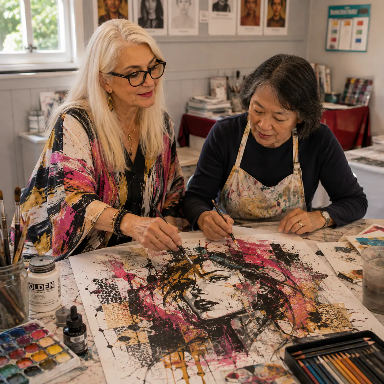 An adult student working on a large ink and paint portrait with Helen Pestana