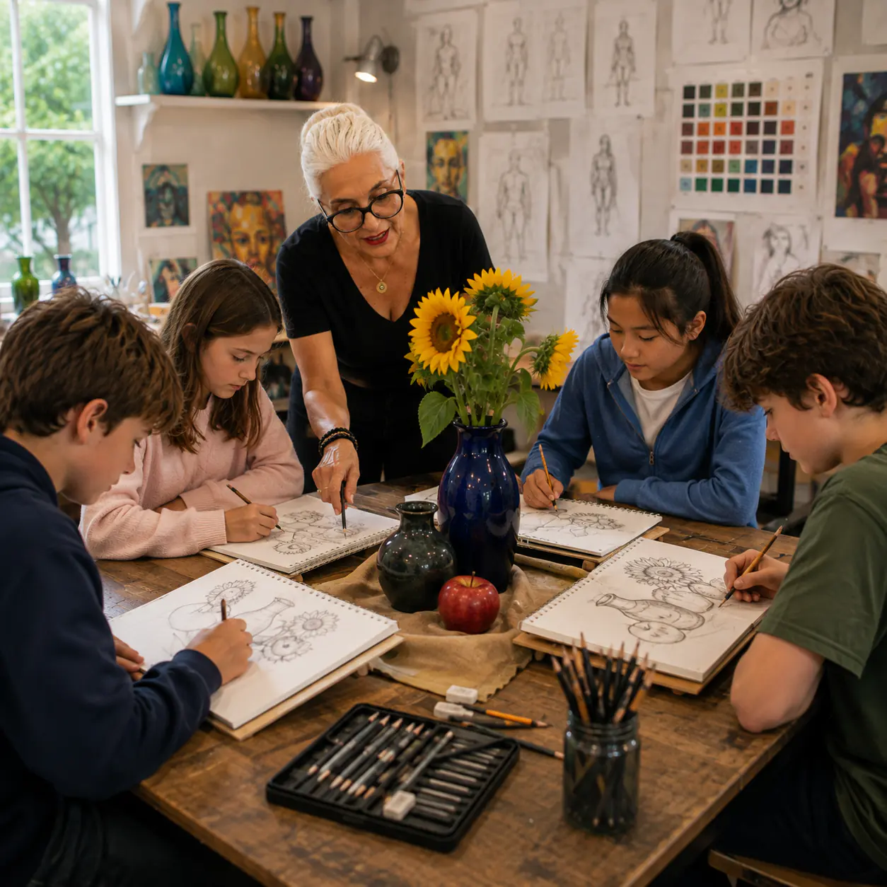 A group still life drawing class working from sunflowers and fruit