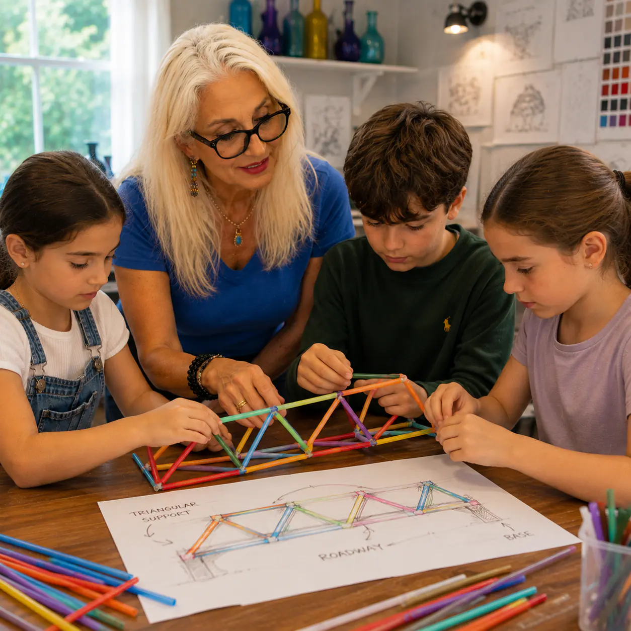 Helen Pestana and three children building a model bridge from coloured rods