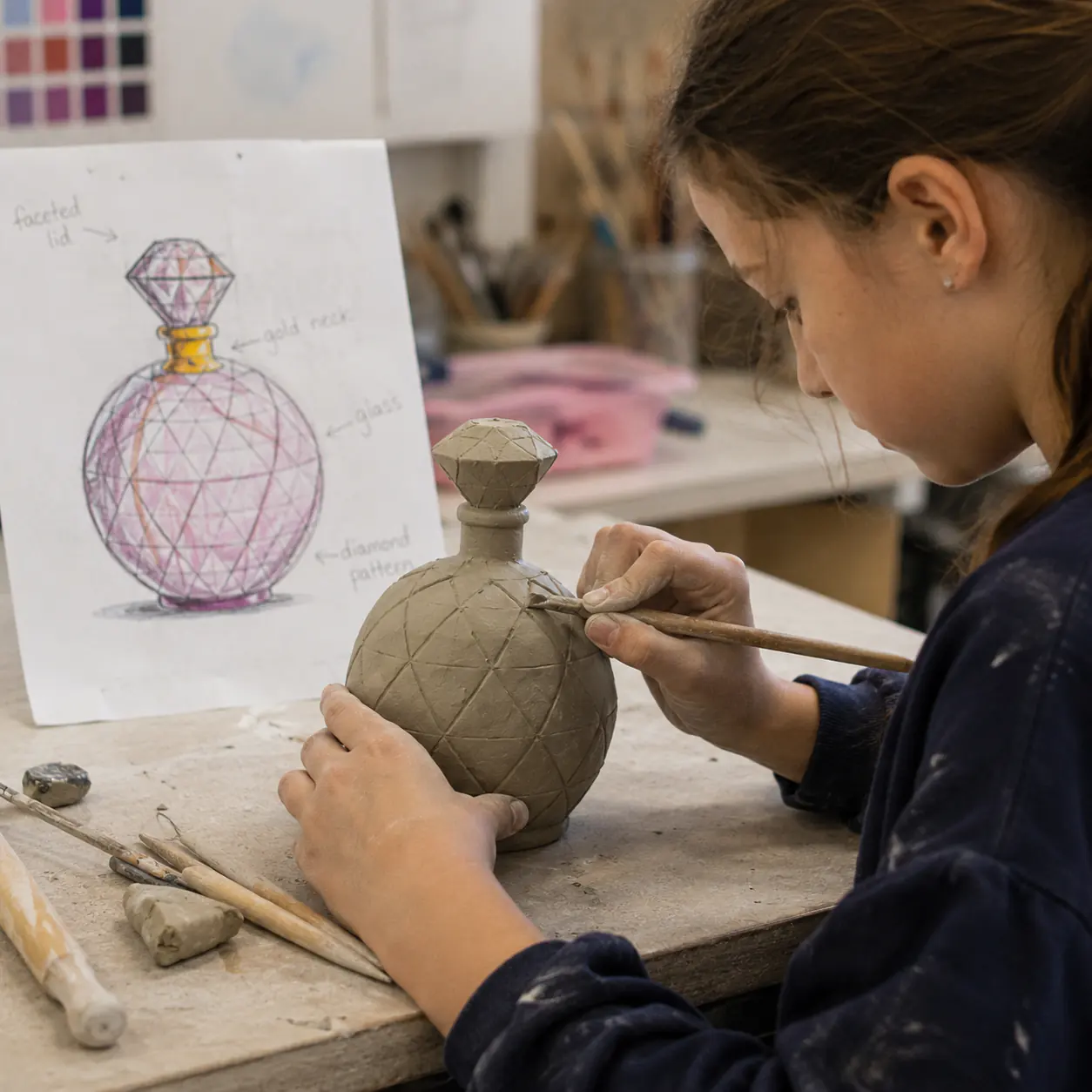 A girl sculpting a perfume bottle in clay beside her design sketch