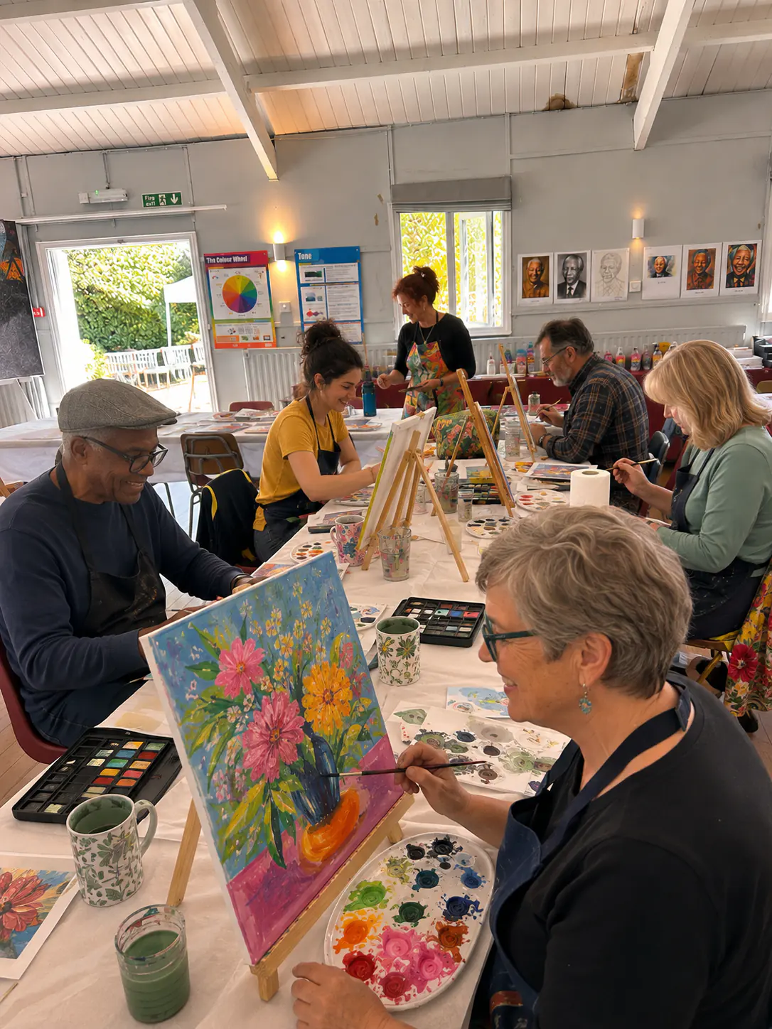 A day workshop under way in the studio, easels around the tables and a painter working on a floral study