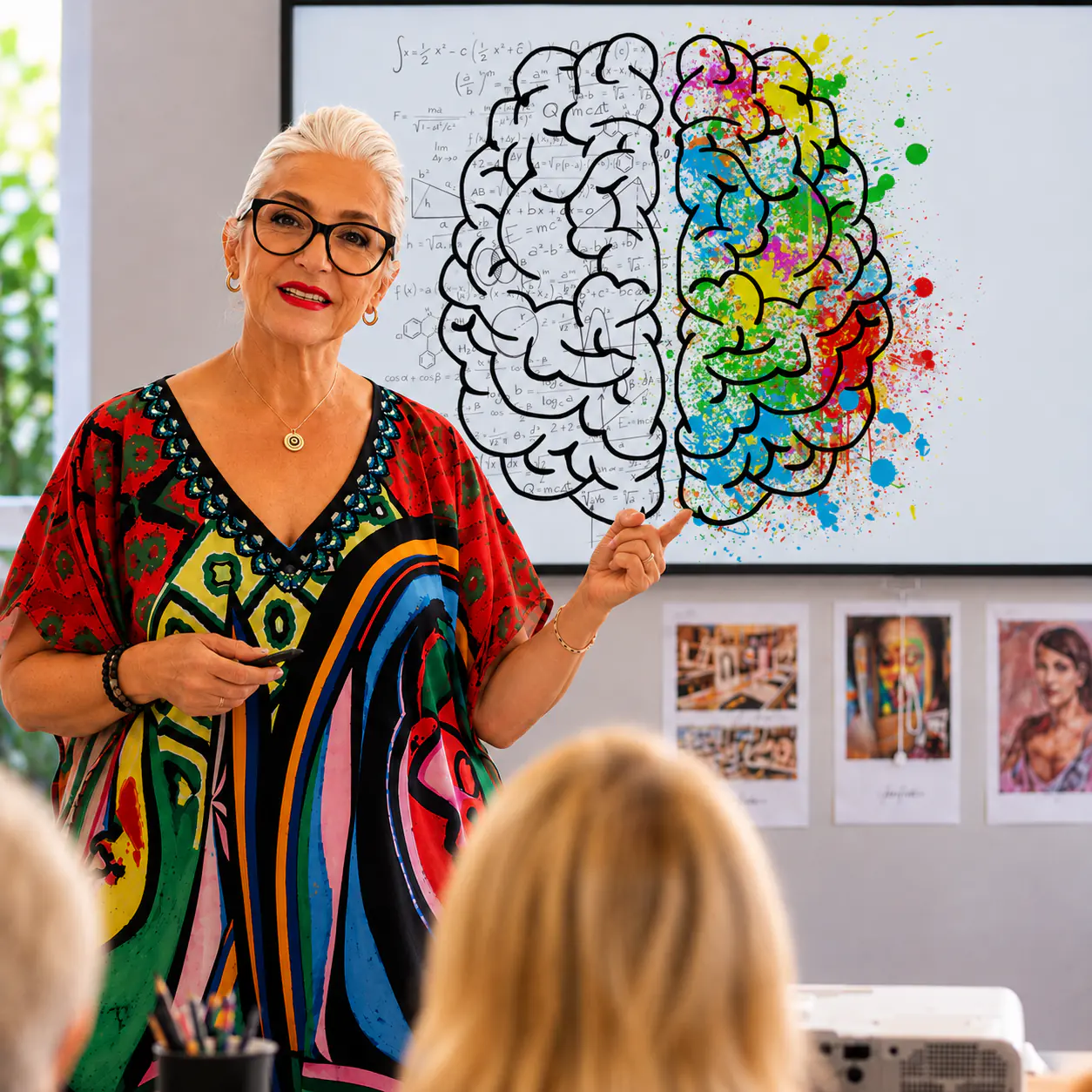 Helen Pestana leading a session in front of a colourful illustration of the two hemispheres of the brain