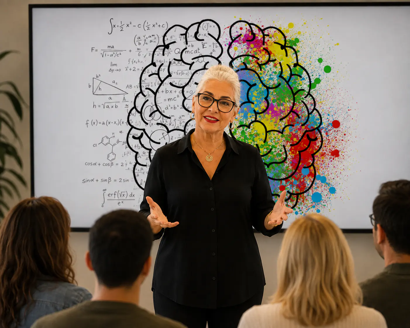 Helen Pestana teaching in front of a large illustration of the creative brain
