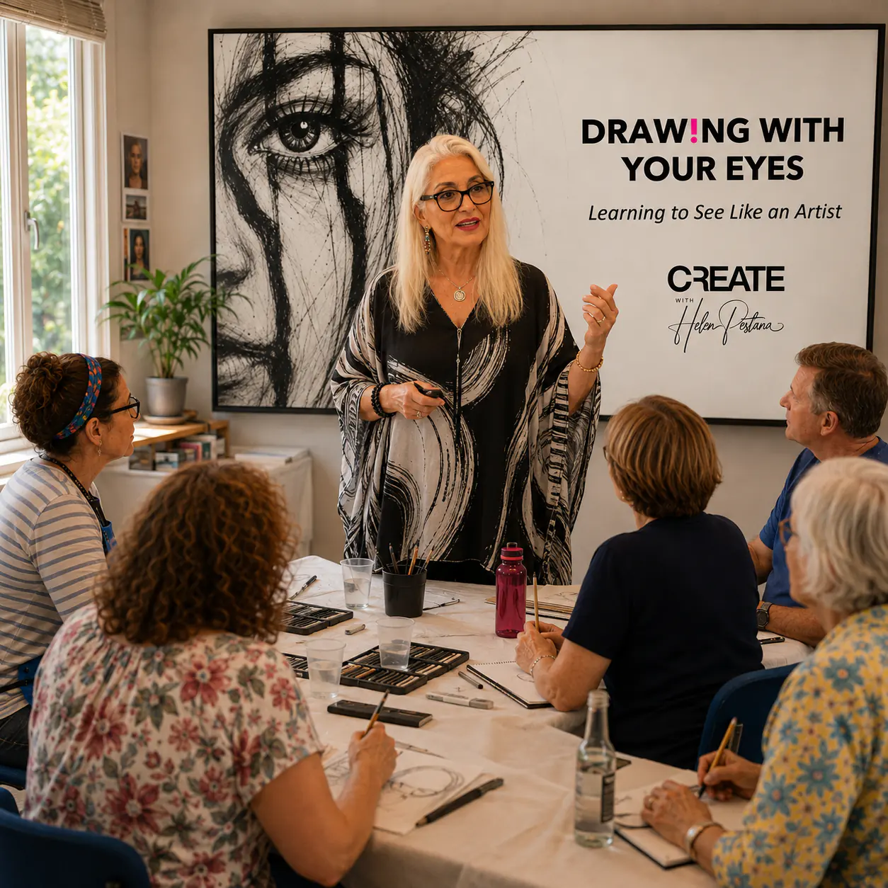 Helen Pestana leading a “Drawing with your eyes” workshop for a small adult group