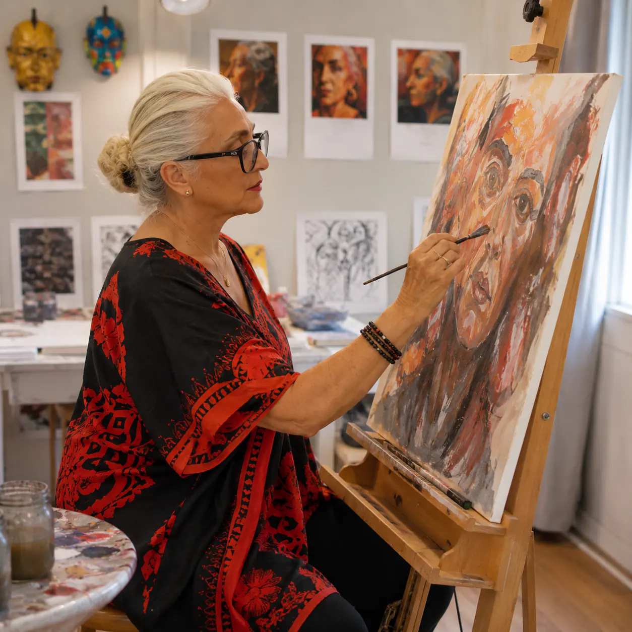 Helen Pestana in a red and black kaftan painting at her easel