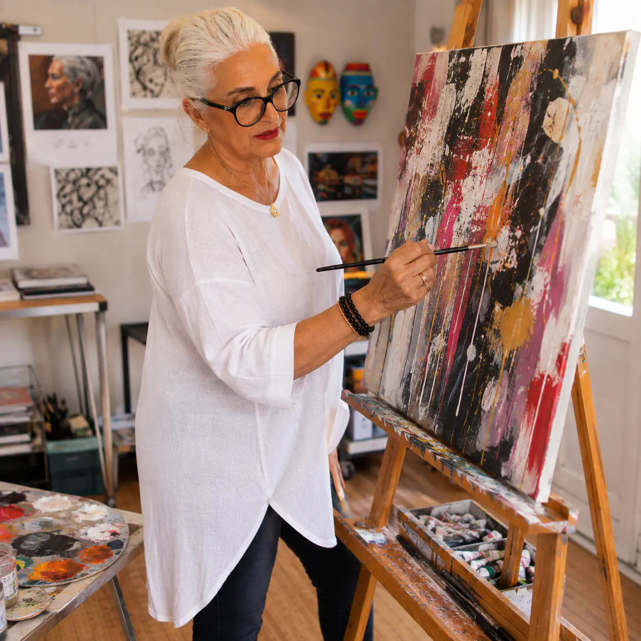 Helen Pestana painting an abstract canvas in a white shirt
