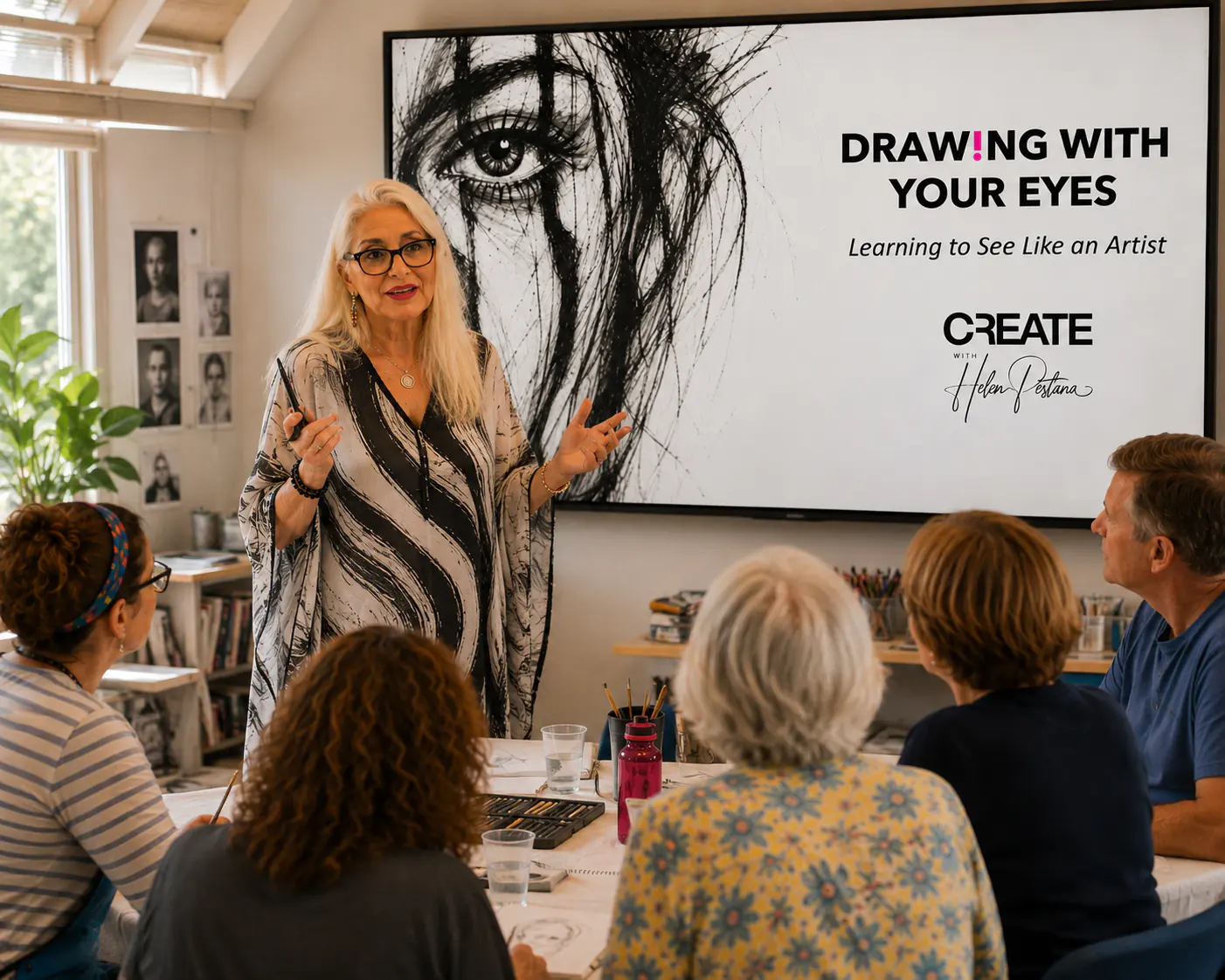 Adults in a small group workshop at CREATE, listening to Helen Pestana teach
