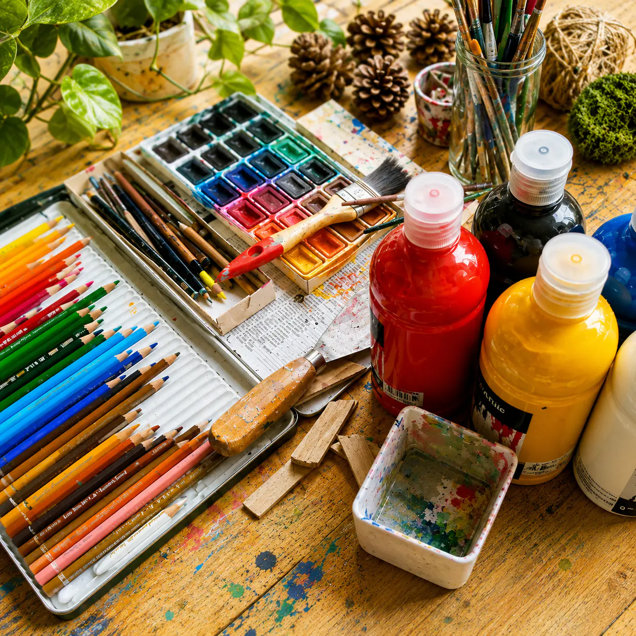Close up of watercolour pans, pencils and paint bottles on the studio bench