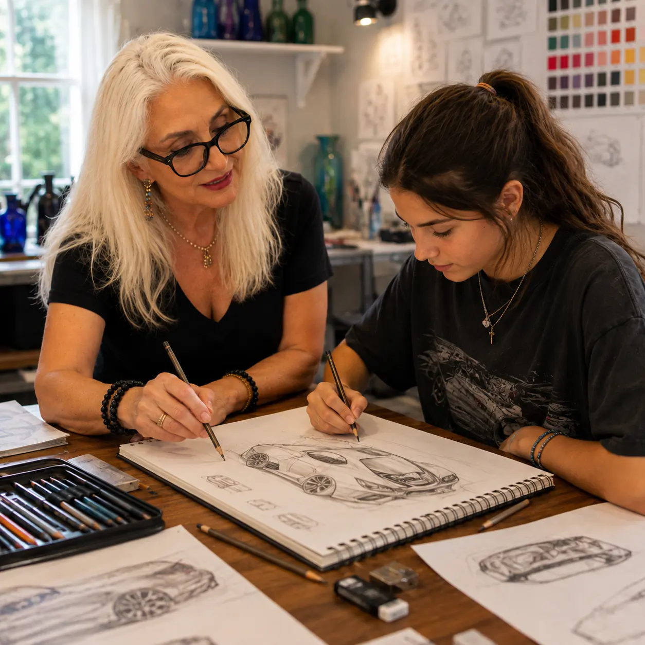 Helen Pestana working with a teenage student on a technical car design drawing