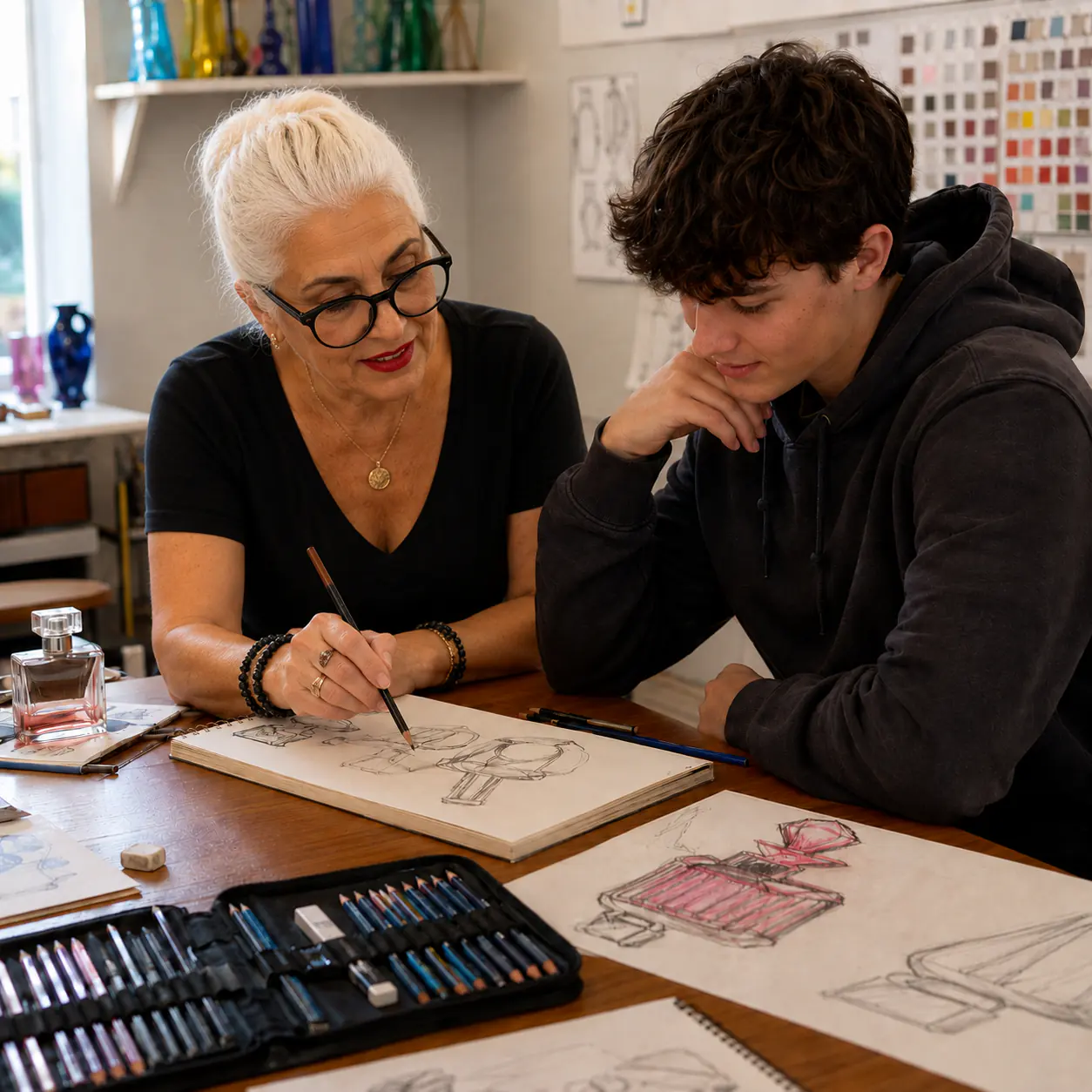 Helen Pestana reviewing a GCSE art portfolio with a teenage student