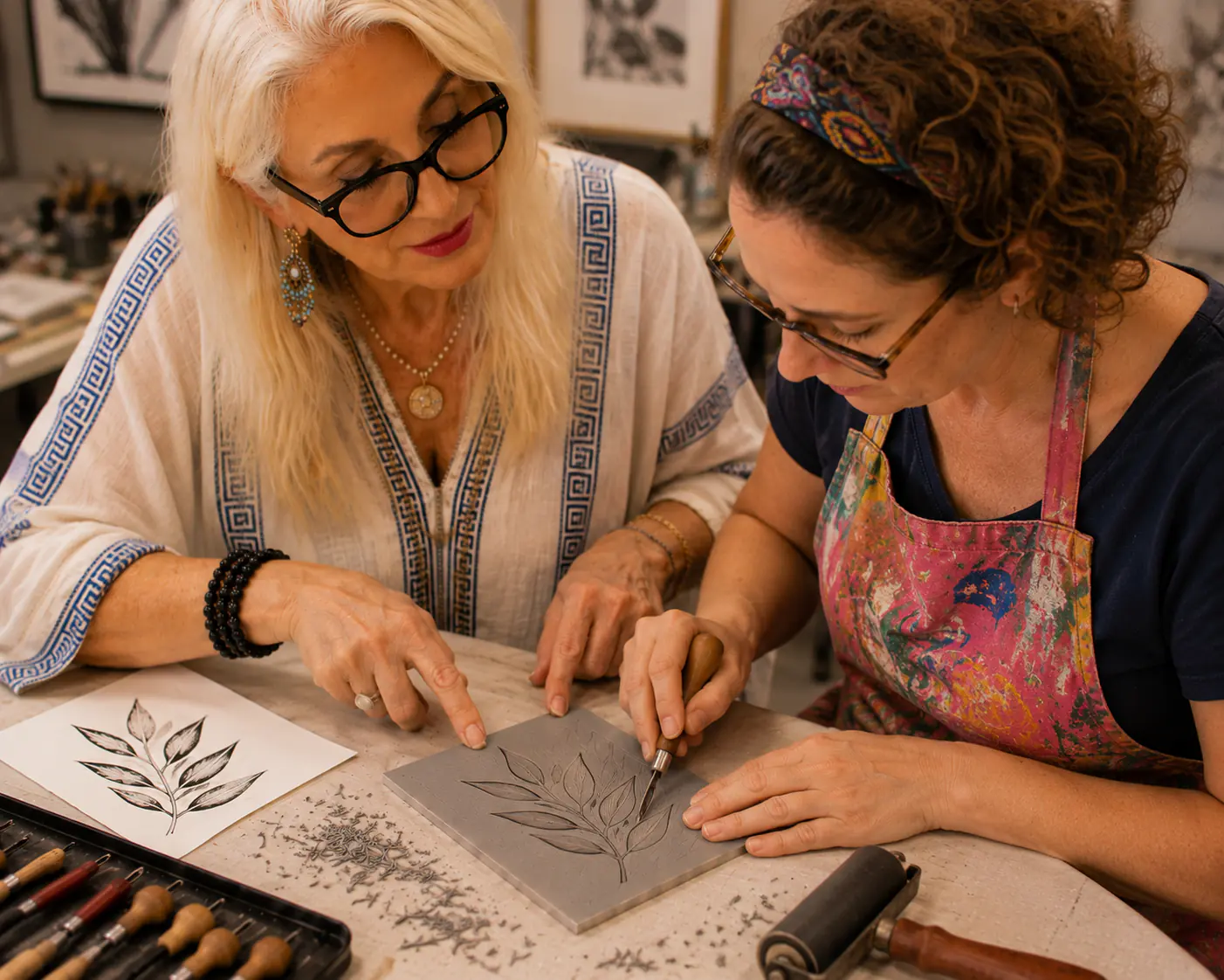 Helen Pestana guiding a student carving a leaf design into a lino block